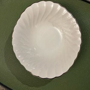 Homer Laughlin white swirl platinum trim oval soup/salad bowls